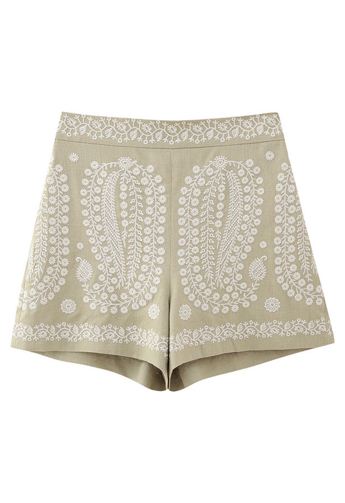 Vintage Embroidered High Waist Shorts in Oatmeal