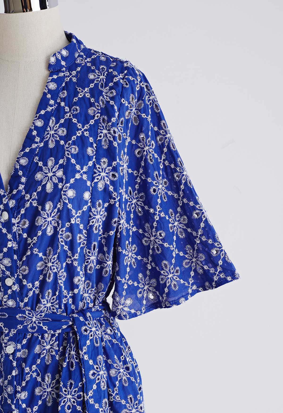 Flutter Sleeve Floret Eyelet Embroidery Mini Dress