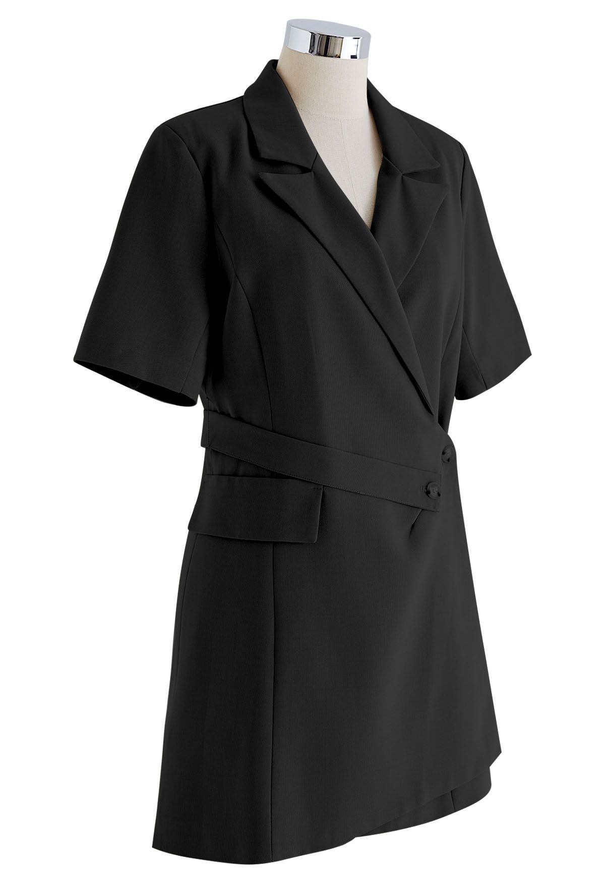 Peak Lapel Buttoned Wrap Blazer Dress in Black
