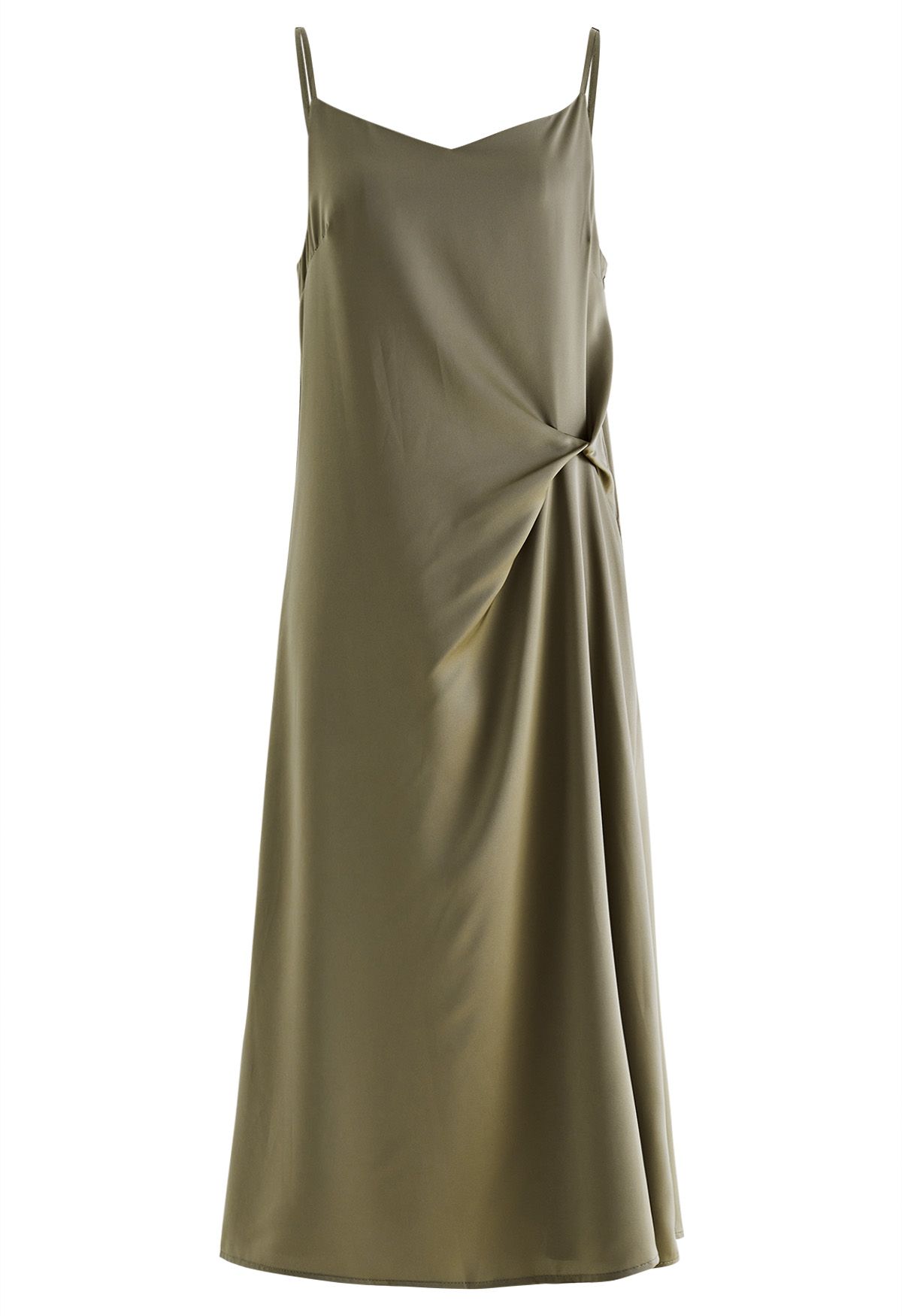 Sweetheart Neck Side Twisted Satin Cami Dress in Olive