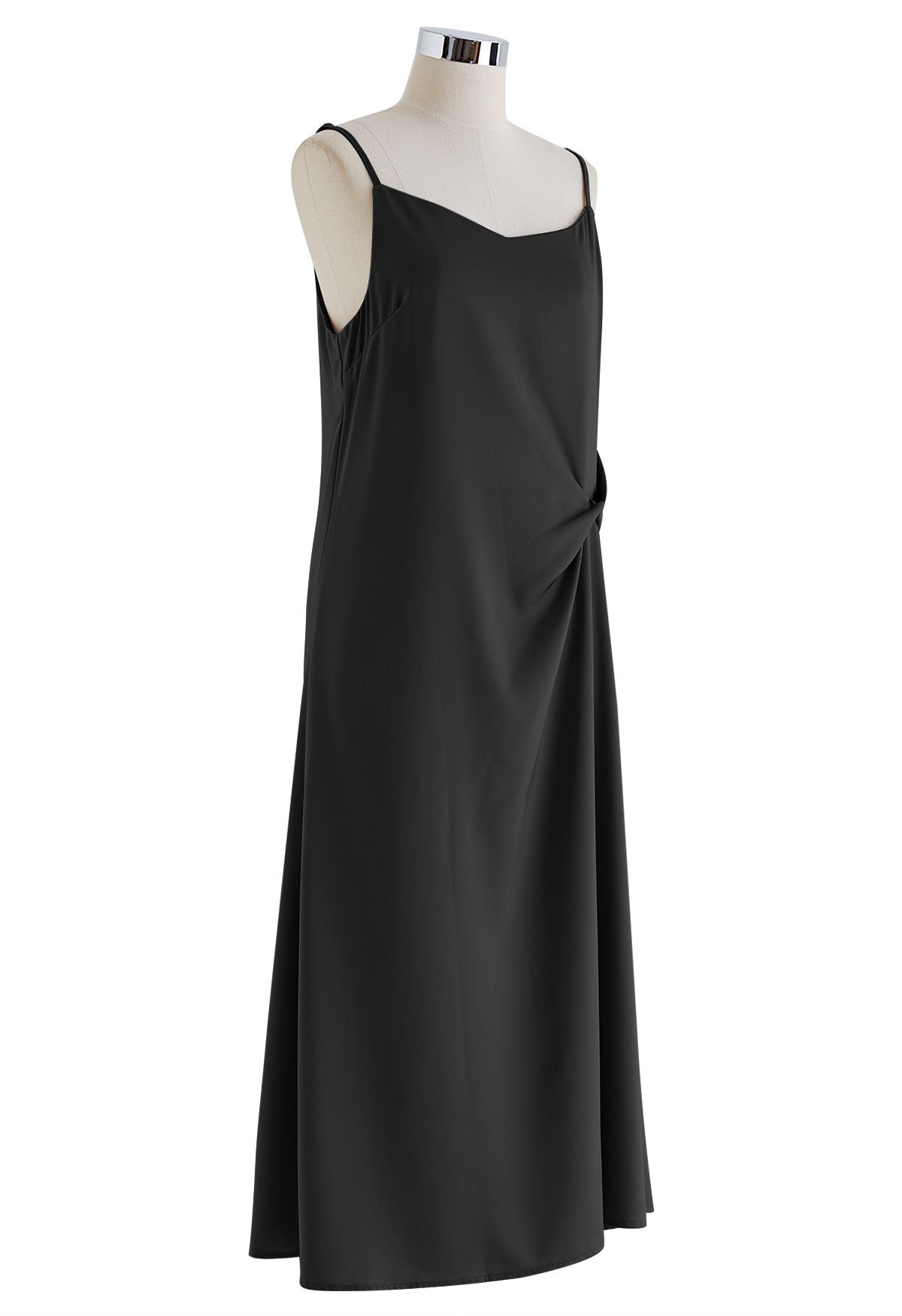 Sweetheart Neck Side Twisted Satin Cami Dress in Black