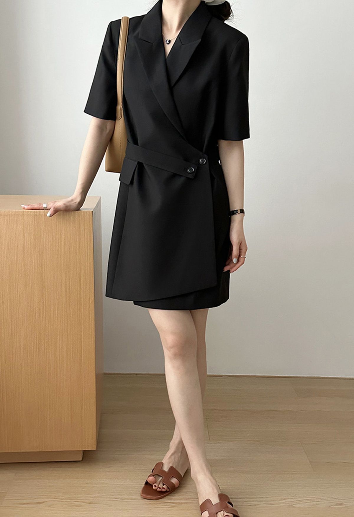 Peak Lapel Buttoned Wrap Blazer Dress in Black