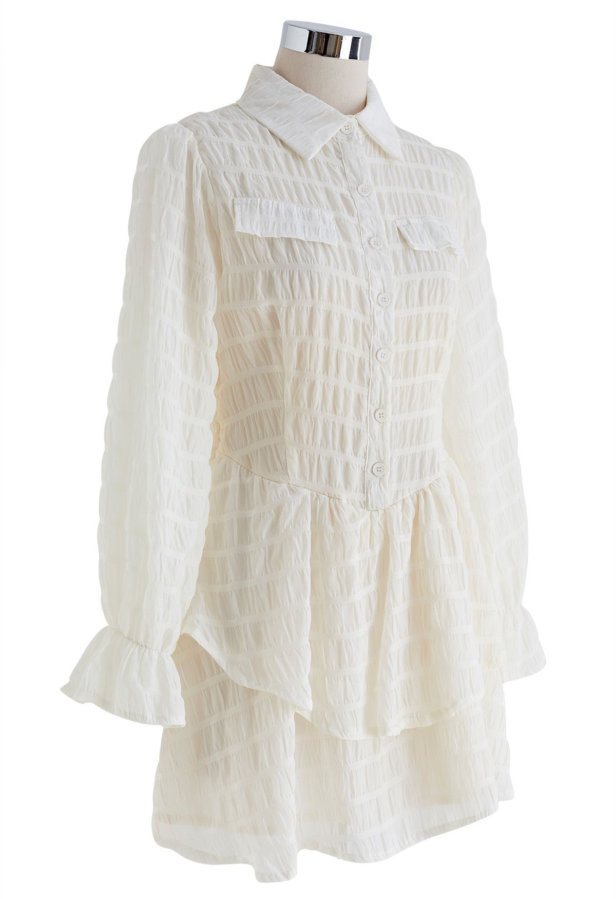 Full Shirring Tiered Mini Dress in Cream