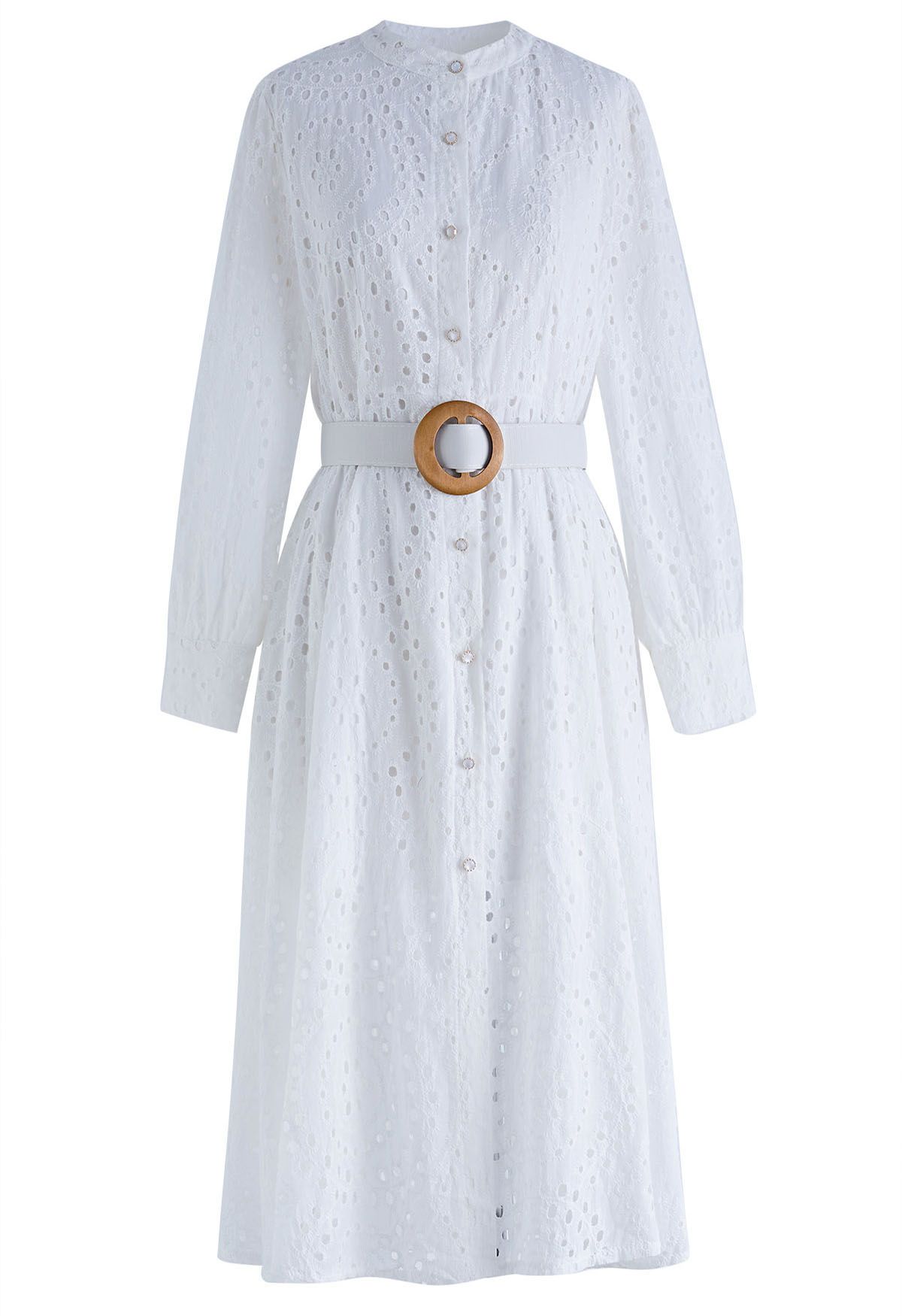 Eyelet Embroidery Button Down Belted Dress in White