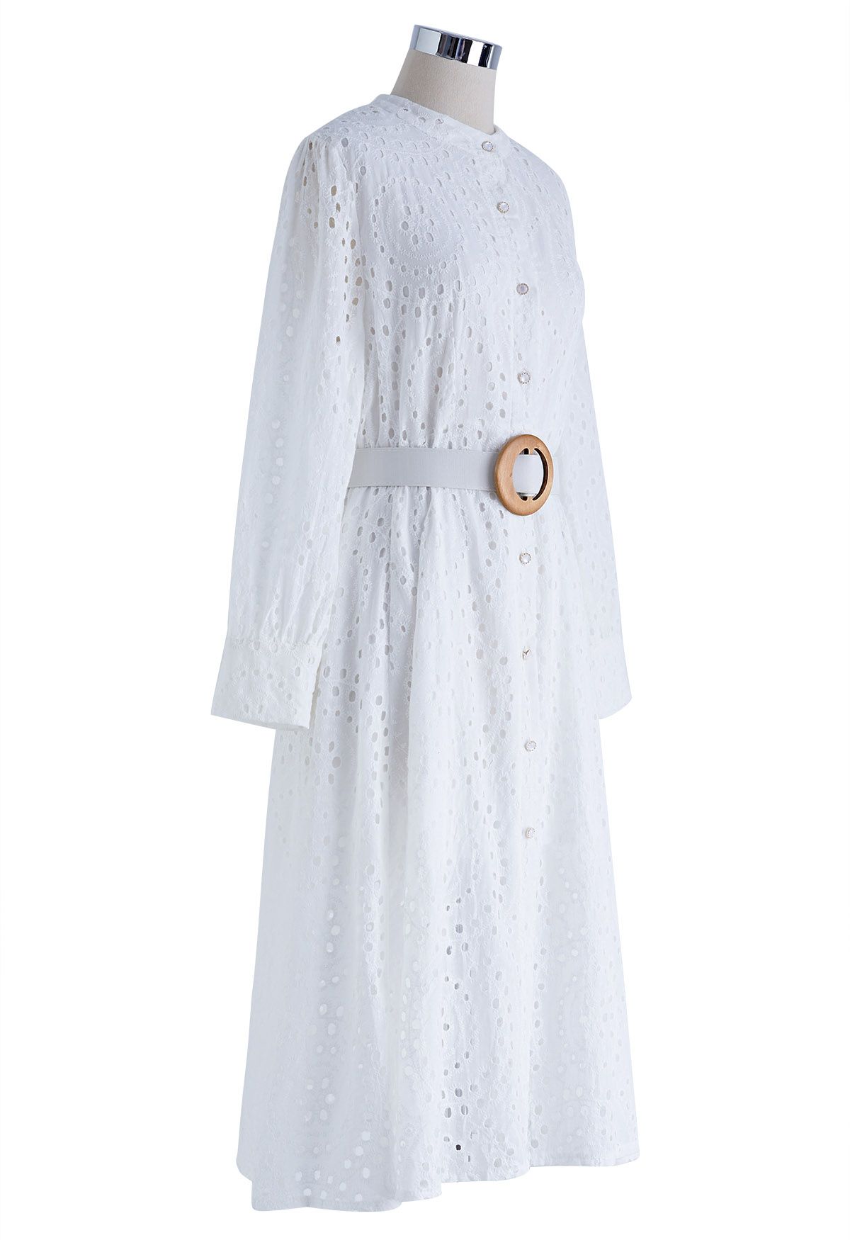 Eyelet Embroidery Button Down Belted Dress in White