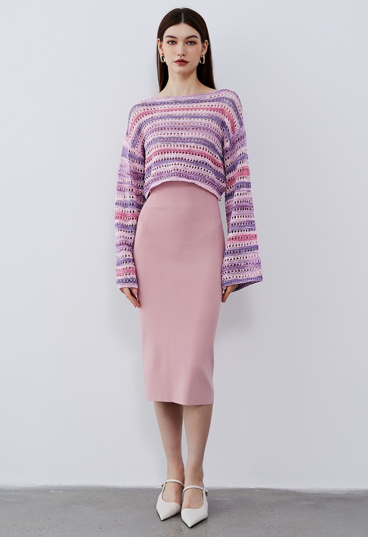 Colorful Stripe Hollow Out Knit Sweater in Pink