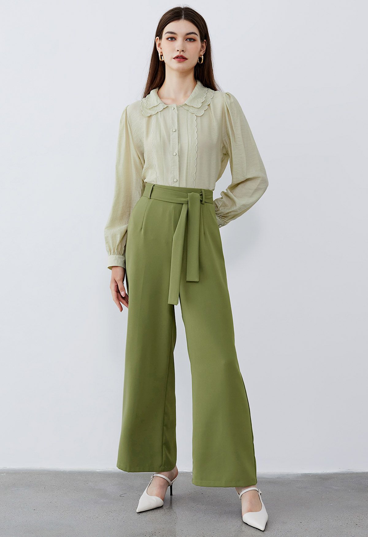 Tiered Scalloped Doll Collar Button Down Shirt in Lime