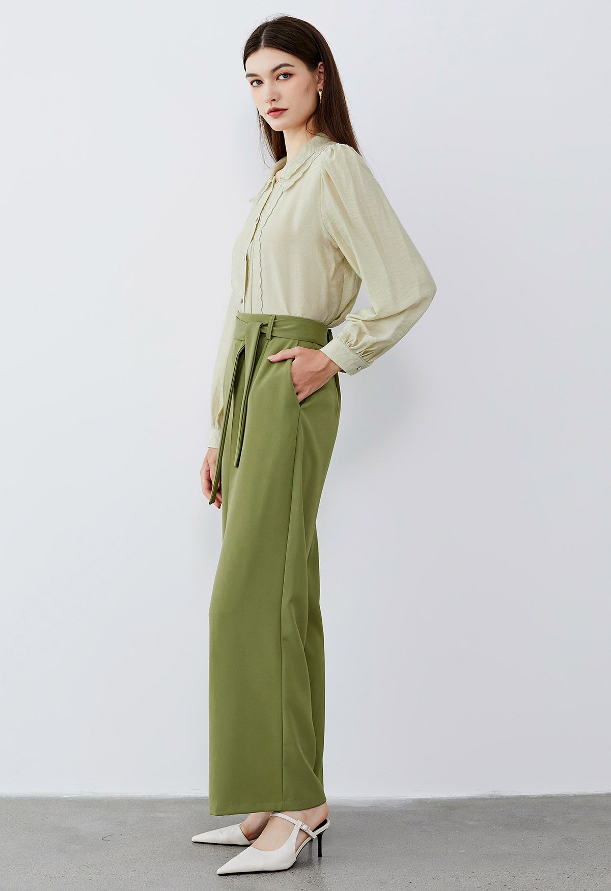 Side-Zip Belted Straight-Leg Pants in Lime