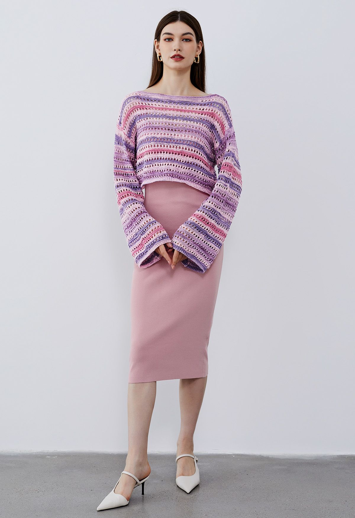 Colorful Stripe Hollow Out Knit Sweater in Pink