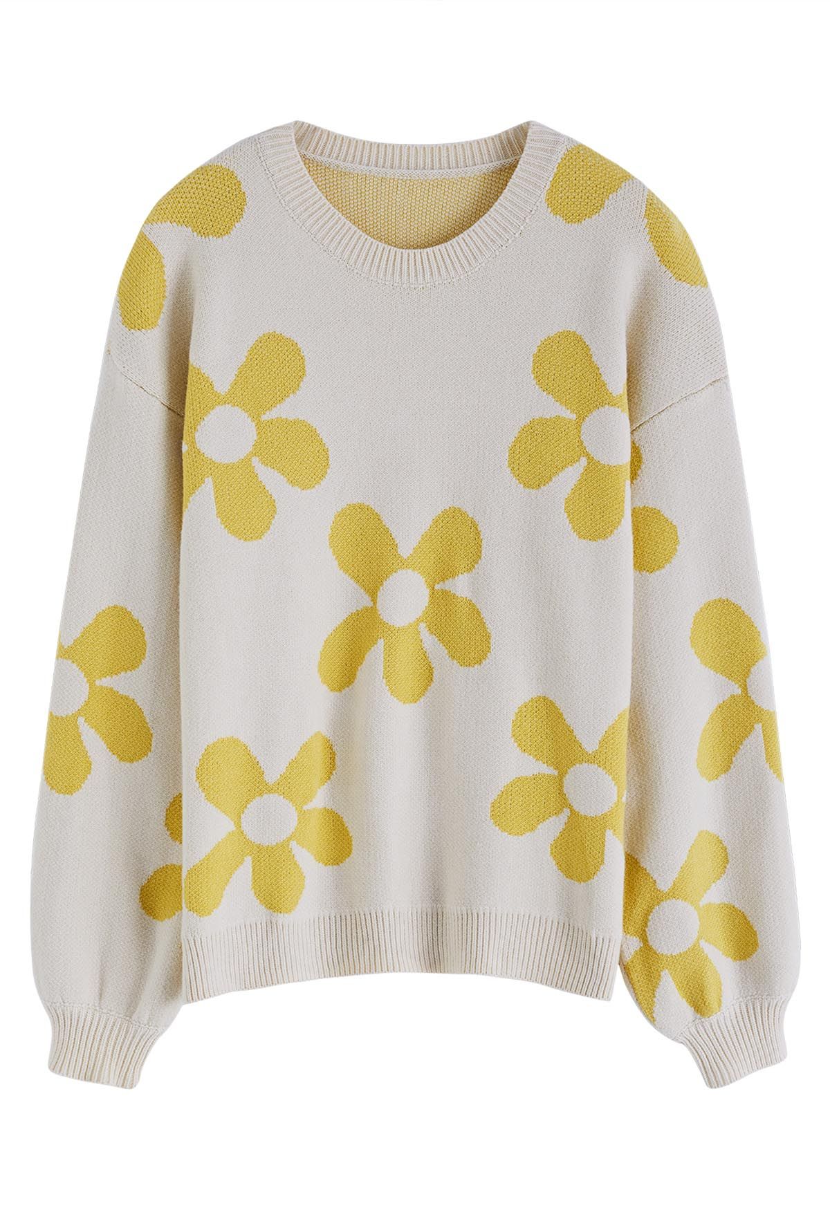 Cuteness Flowers Boxy Round Neck Knit Sweater in Cream