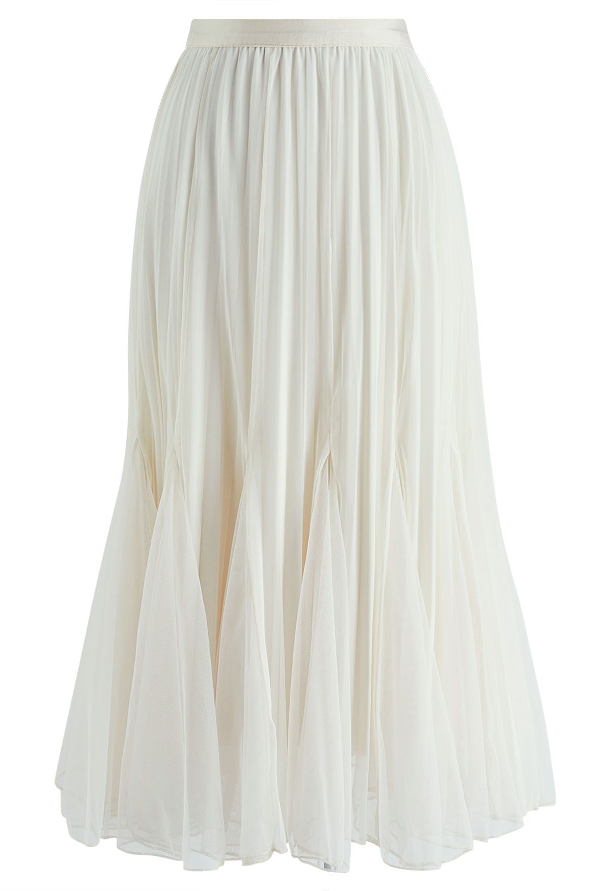 Panelled Pleated Mesh Tulle Midi Skirt in Cream