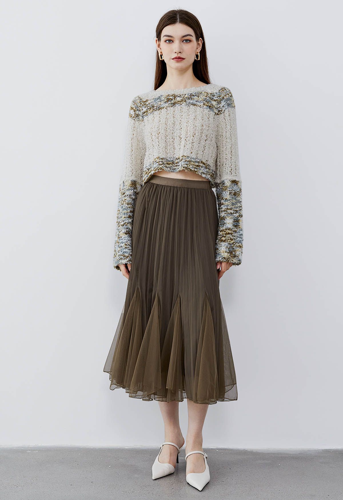Panelled Pleated Mesh Tulle Midi Skirt in Brown