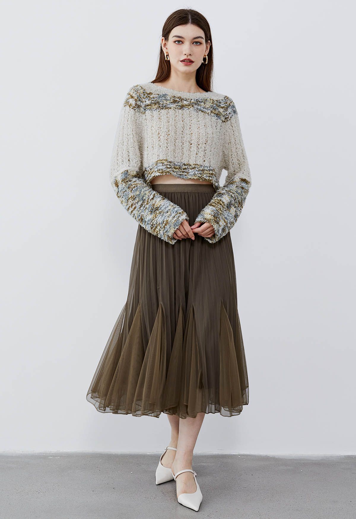 Panelled Pleated Mesh Tulle Midi Skirt in Brown