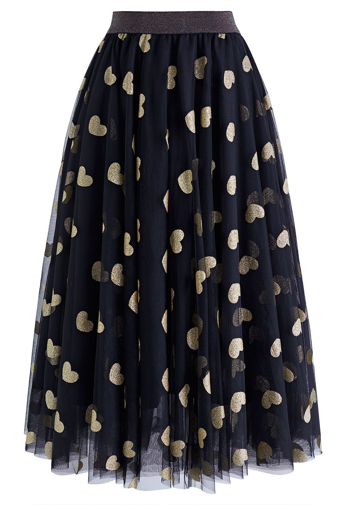 Shimmering Hearts Mesh Tulle Midi Skirt in Black