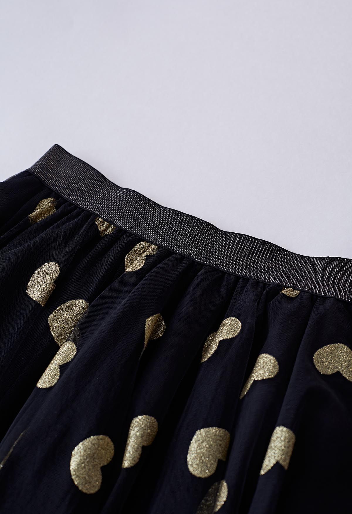 Shimmering Hearts Mesh Tulle Midi Skirt in Black