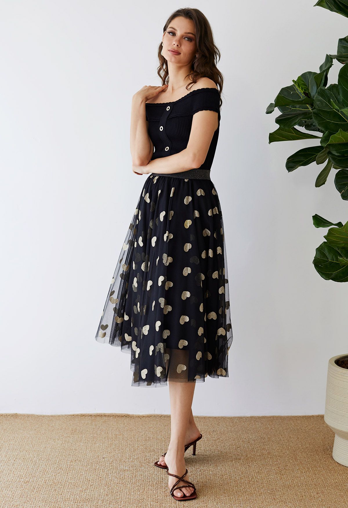 Golden Button Decorated Scalloped Off-Shoulder Top in Black