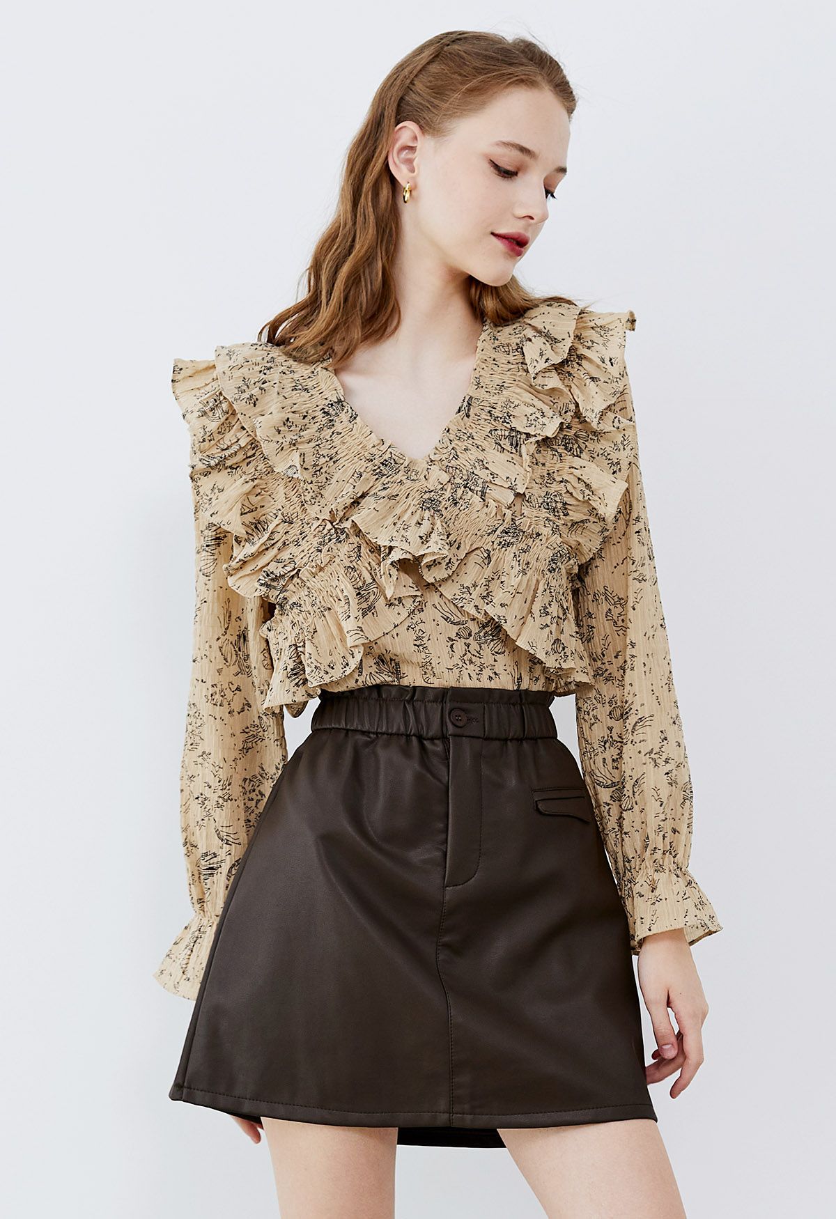 Abstract Print Cross Tiered Ruffled Top in Light Tan