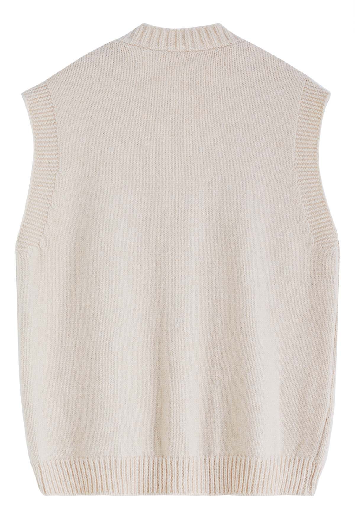Flap Pocket Button Down Knit Vest in Cream