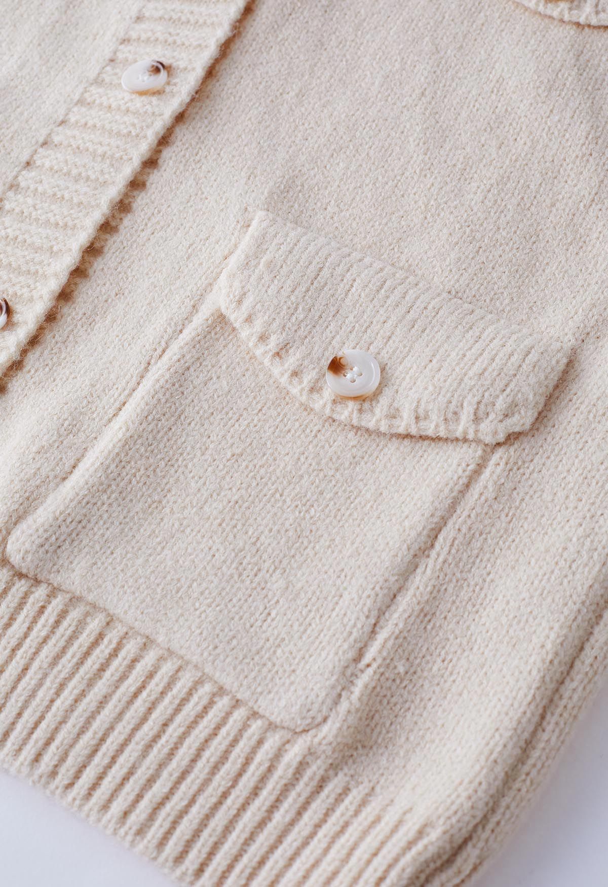 Flap Pocket Button Down Knit Vest in Cream