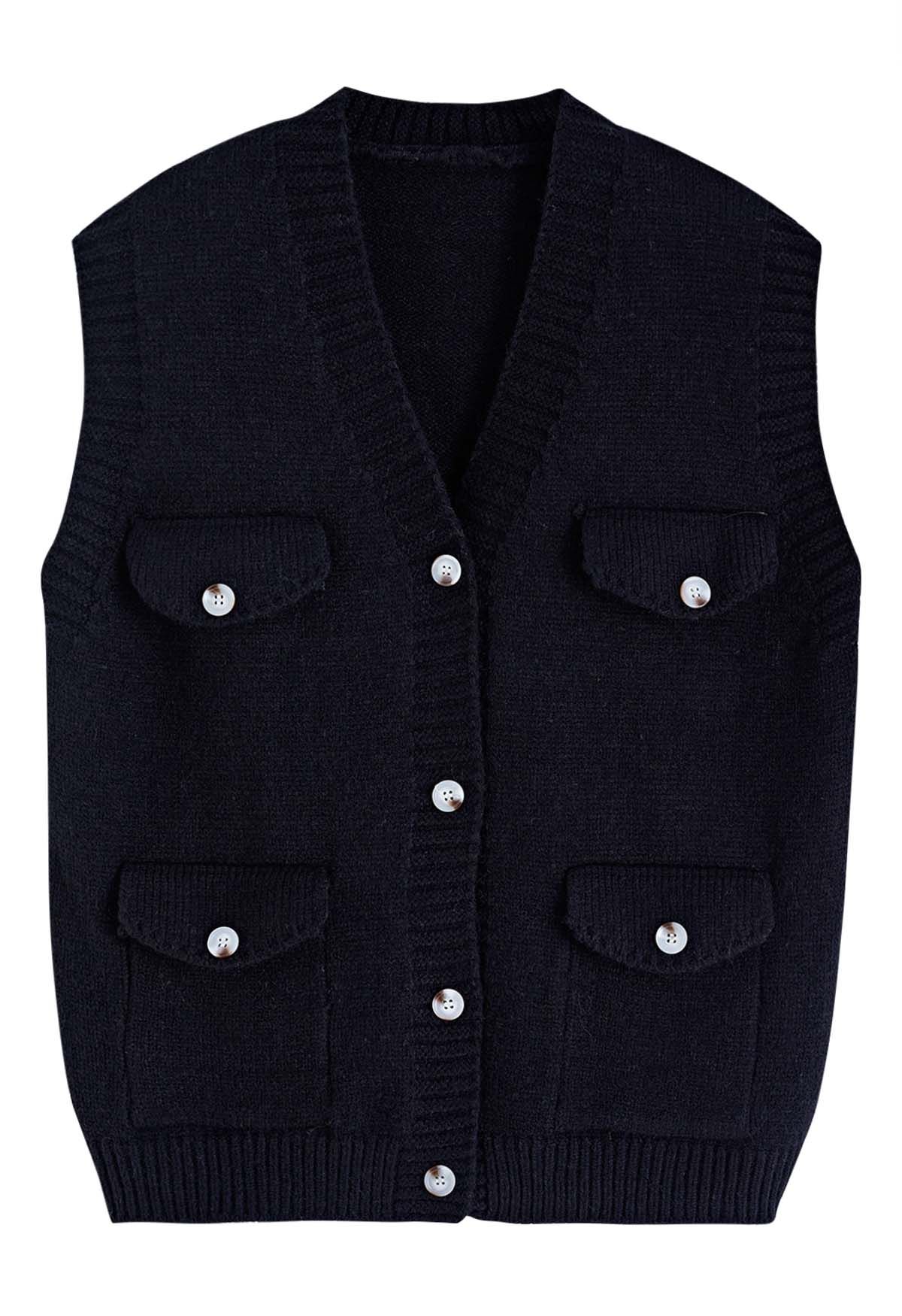 Flap Pocket Button Down Knit Vest in Black