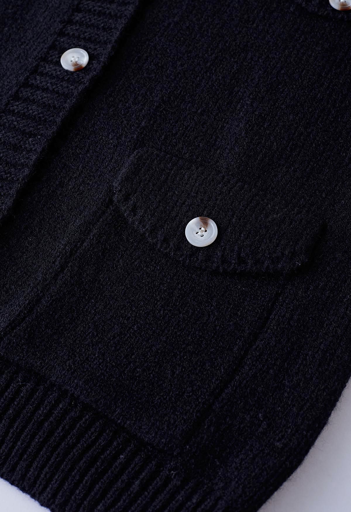 Flap Pocket Button Down Knit Vest in Black