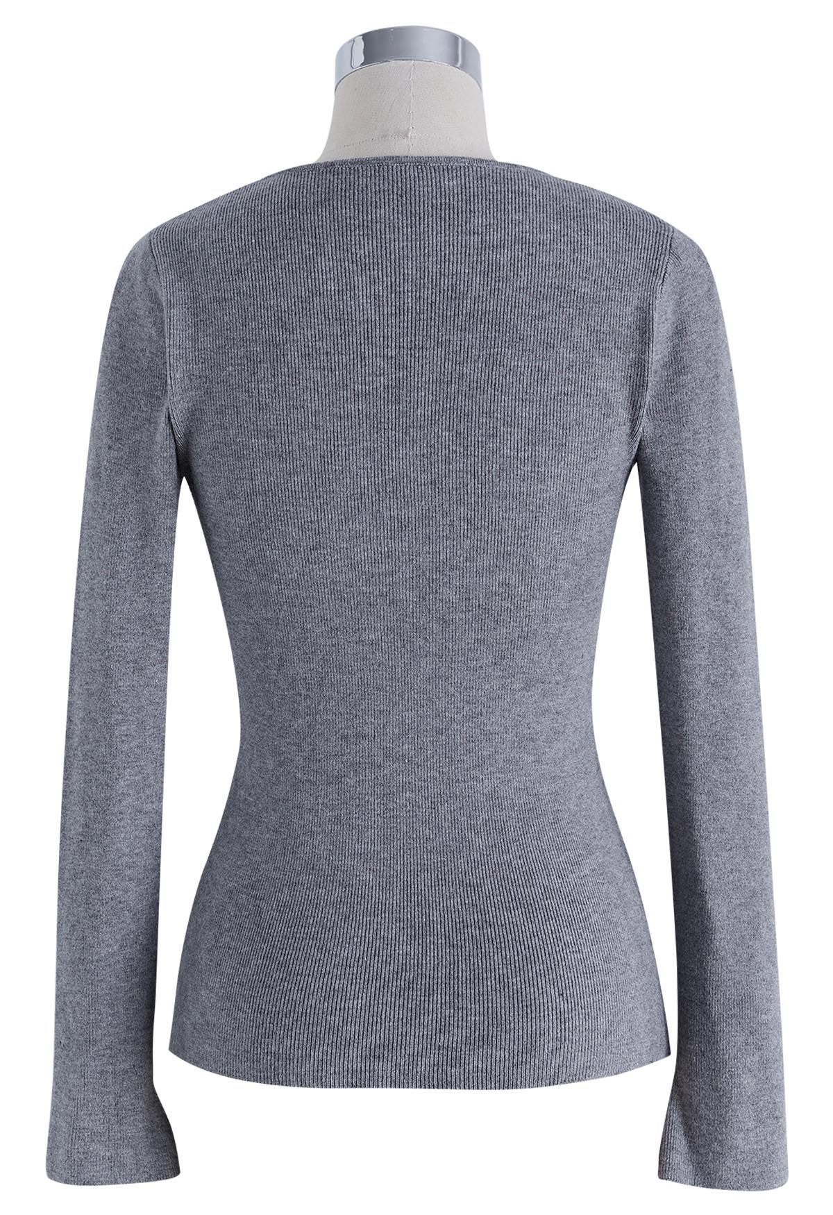 Notch Neckline Fitted Knit Top in Grey