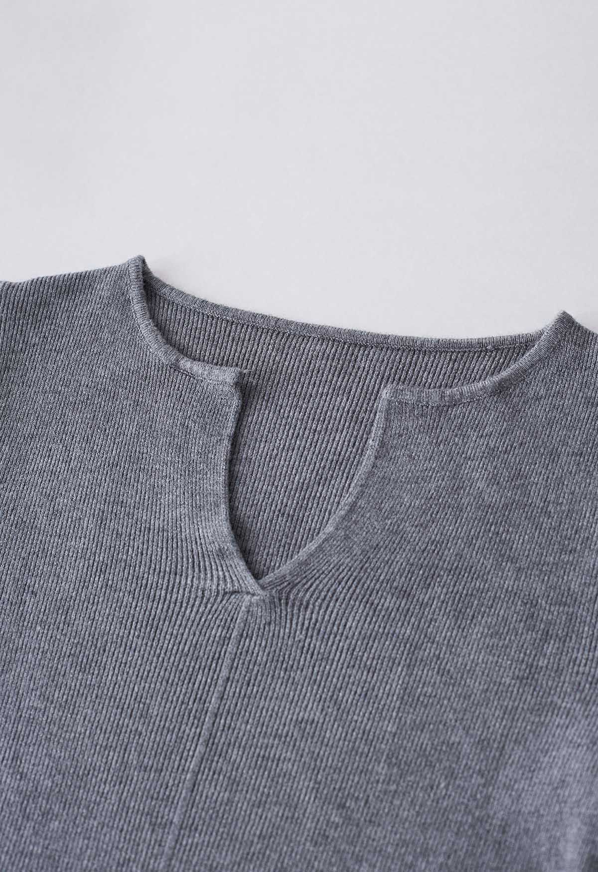 Notch Neckline Fitted Knit Top in Grey