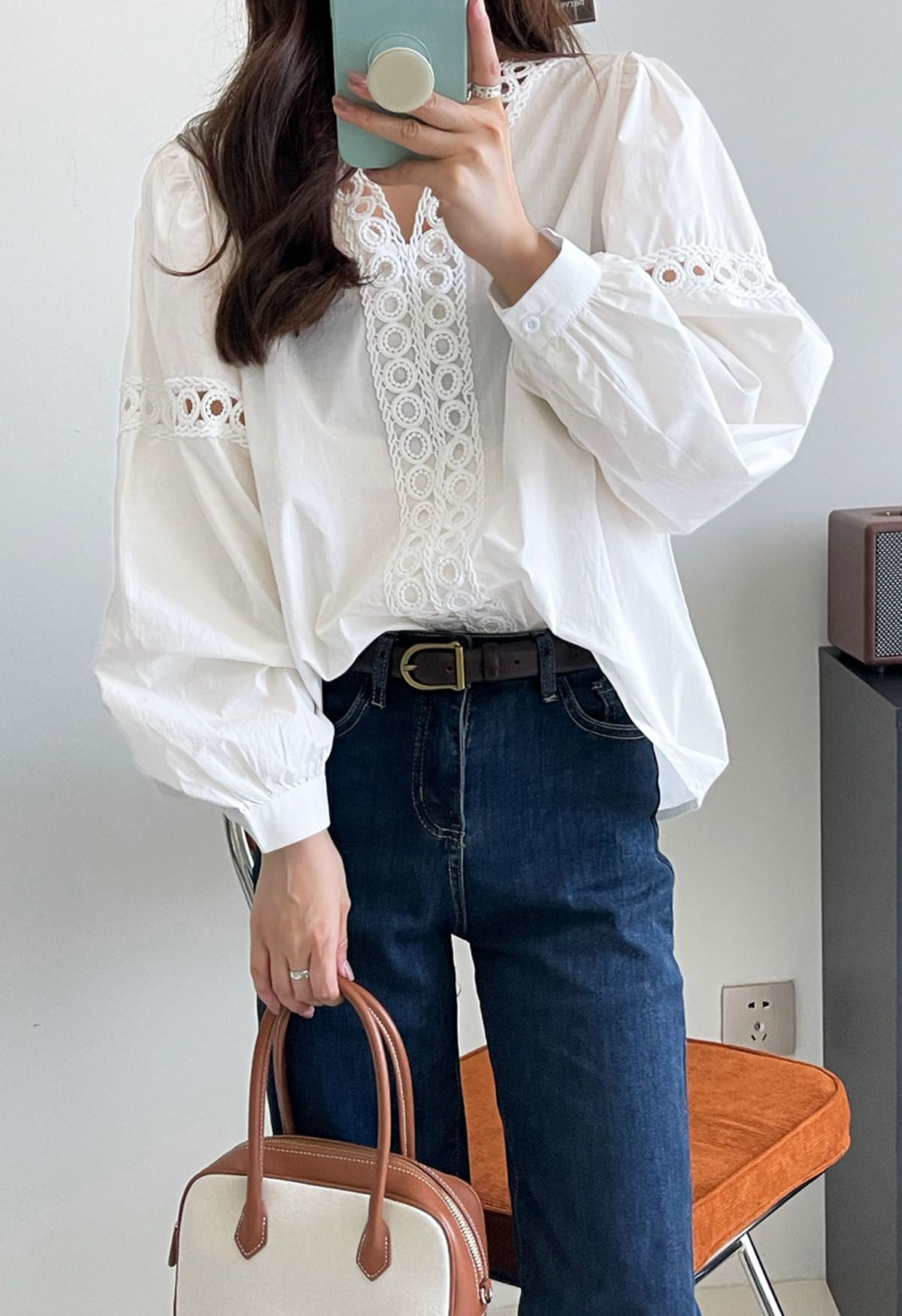 Cutwork Panelled Puff Sleeves Top in White