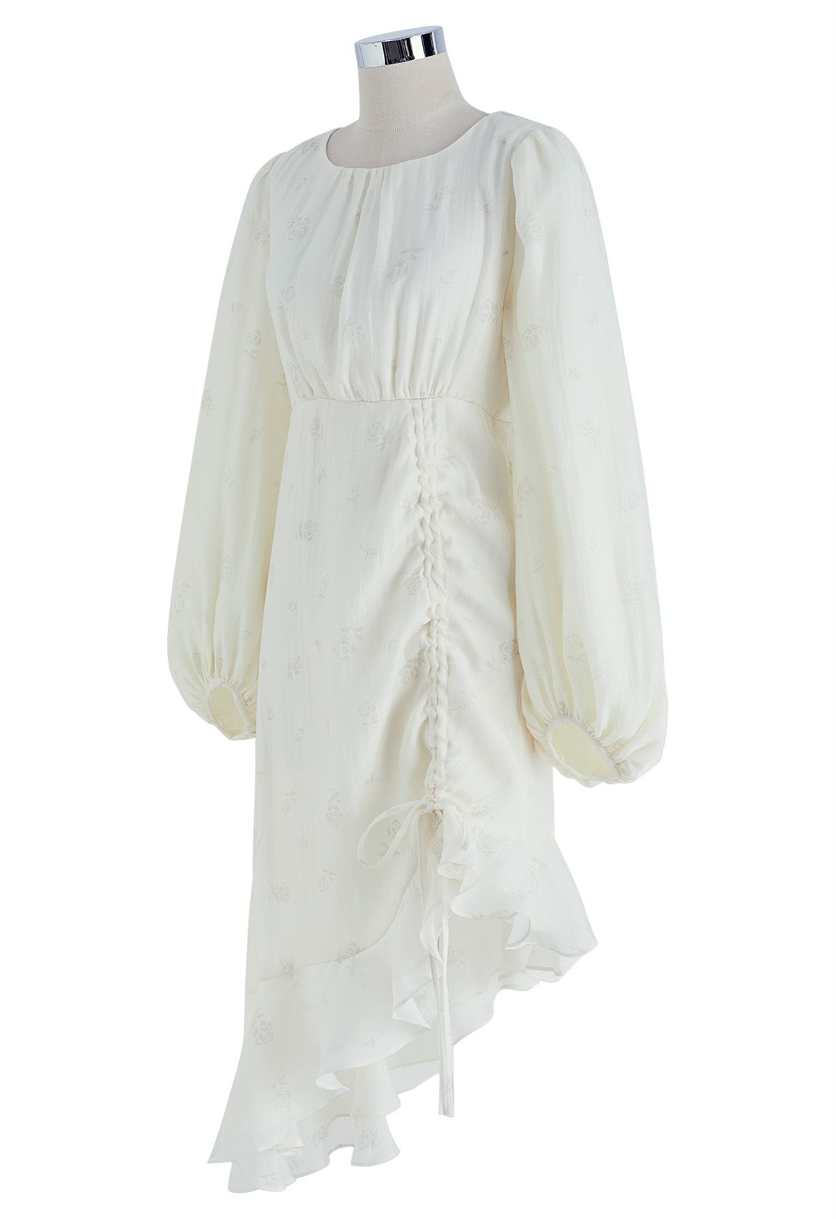 Asymmetric Ruffle Hem Floral Midi Dress in Cream