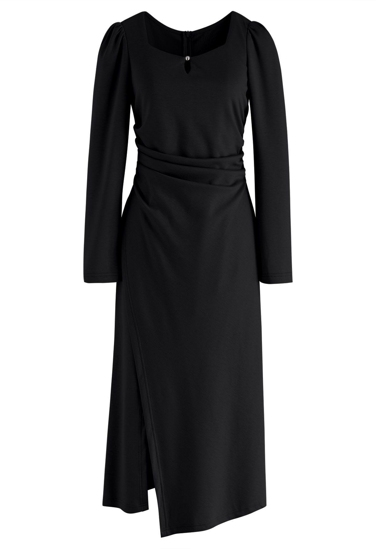 Square Neck Ruched Waist Flap Midi Dress in Black