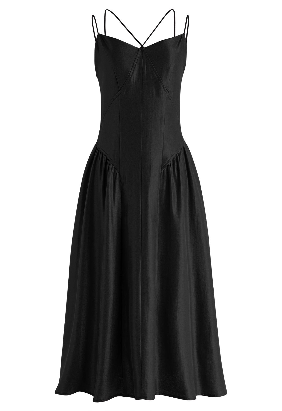 Glossy Double Strings Cami Dress in Black