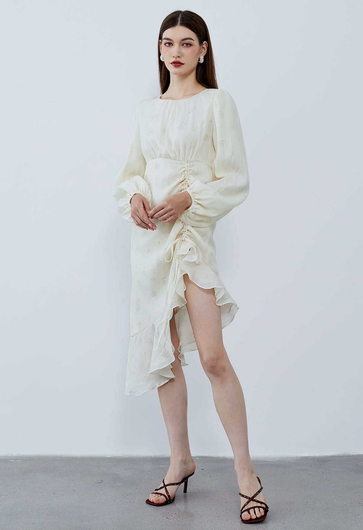 Asymmetric Ruffle Hem Floral Midi Dress in Cream