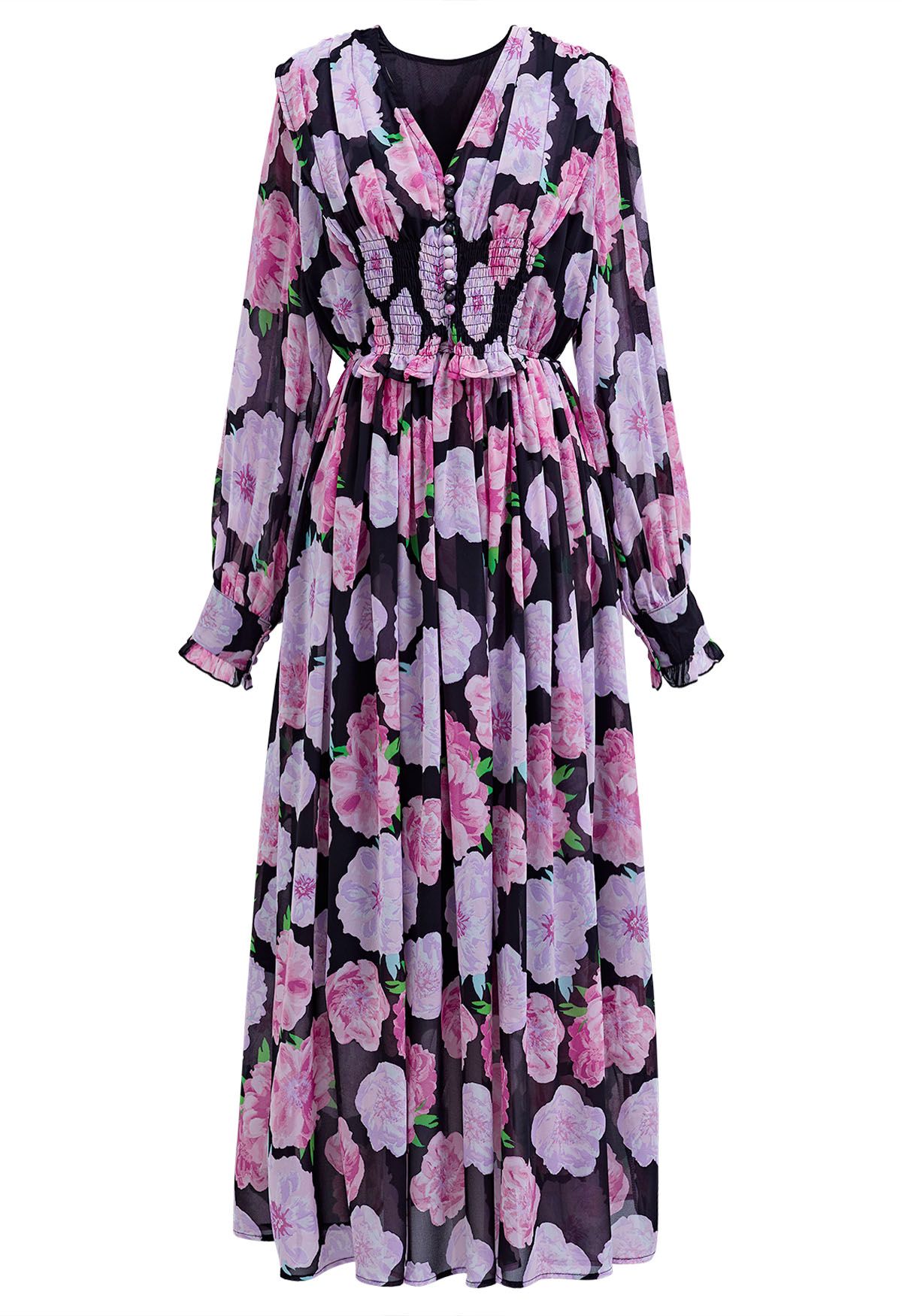Delicate Floral Shirred Maxi Dress in Black