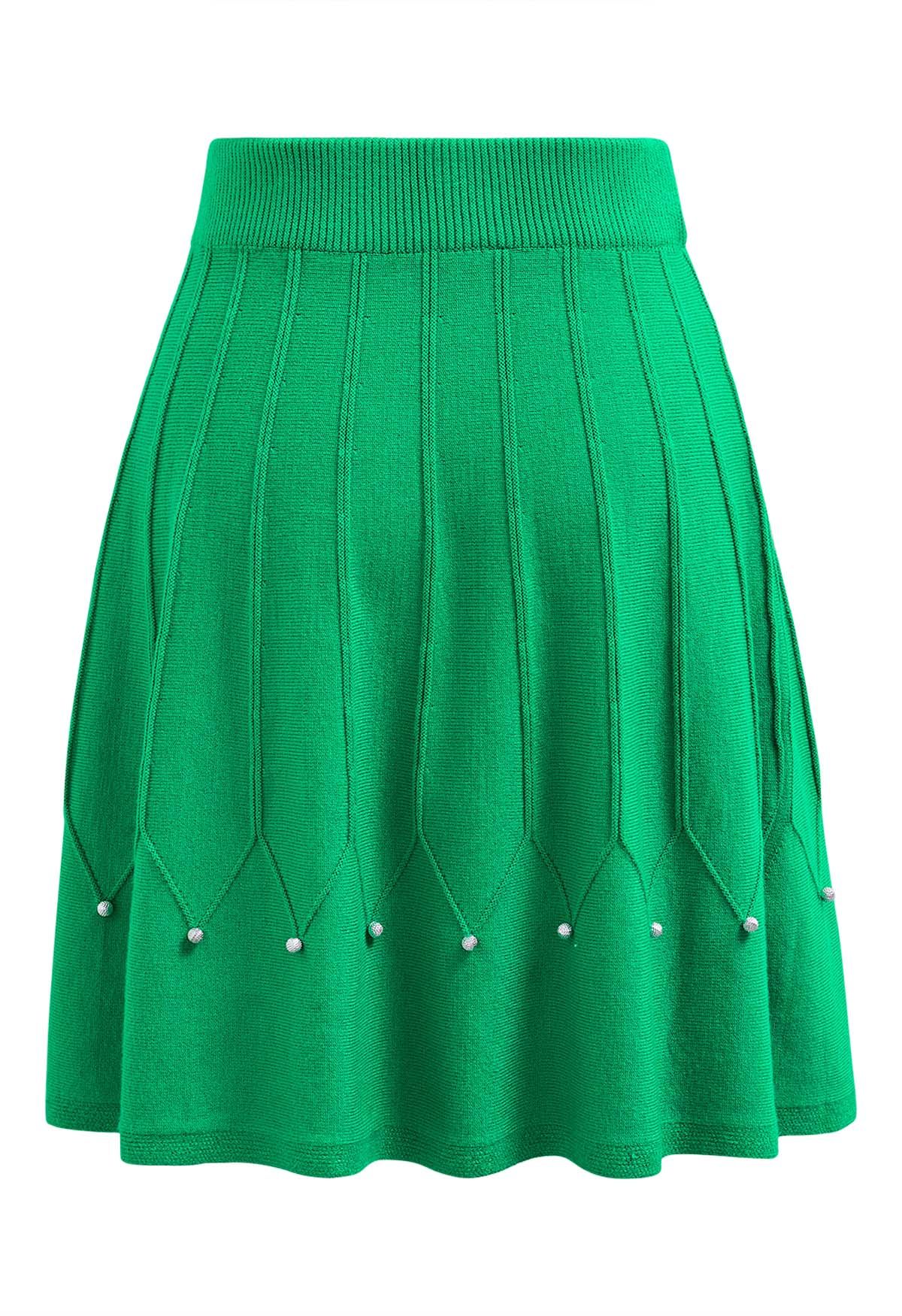 Silver Bead Embellished Seam Knit Skirt in Green
