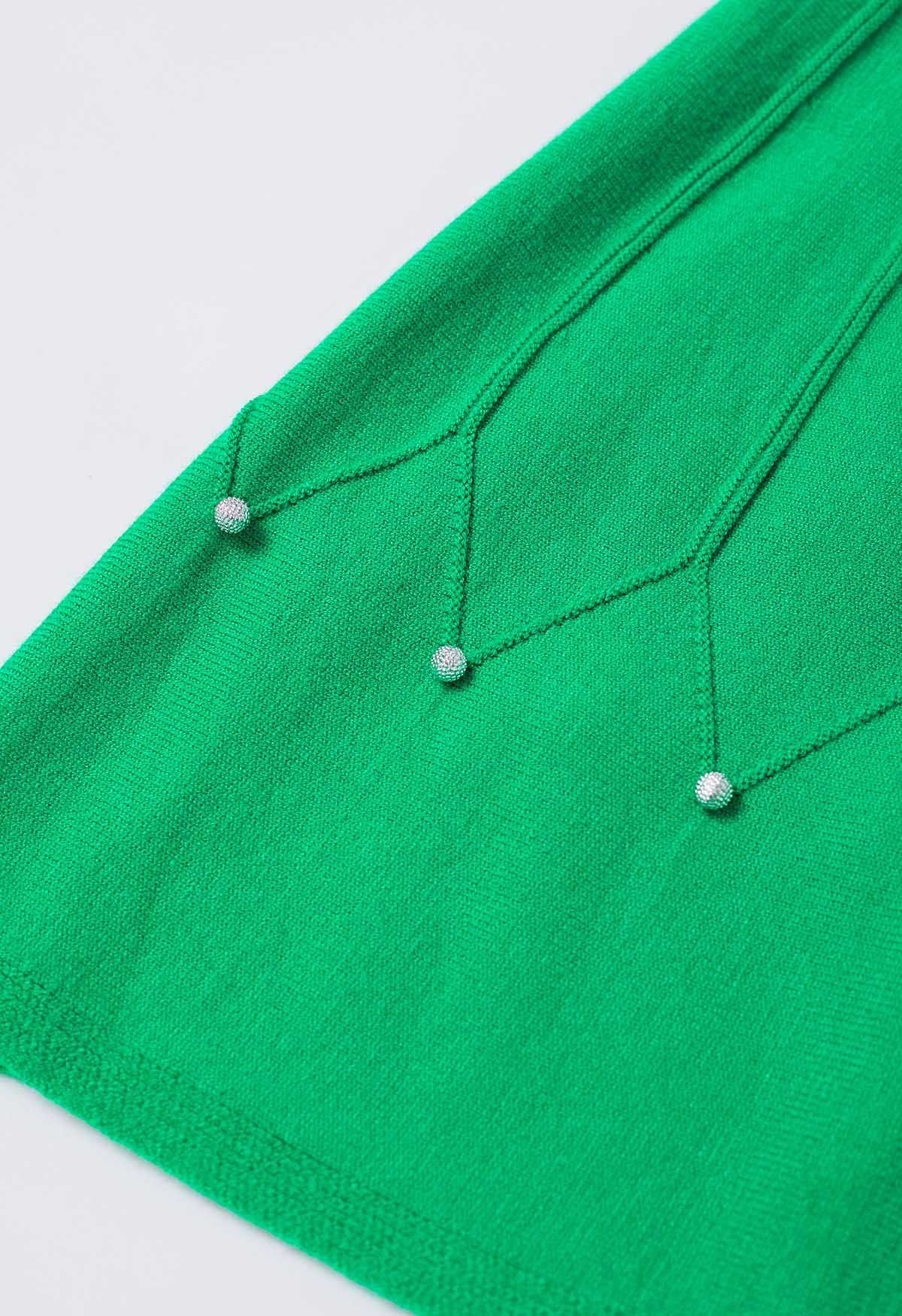 Silver Bead Embellished Seam Knit Skirt in Green