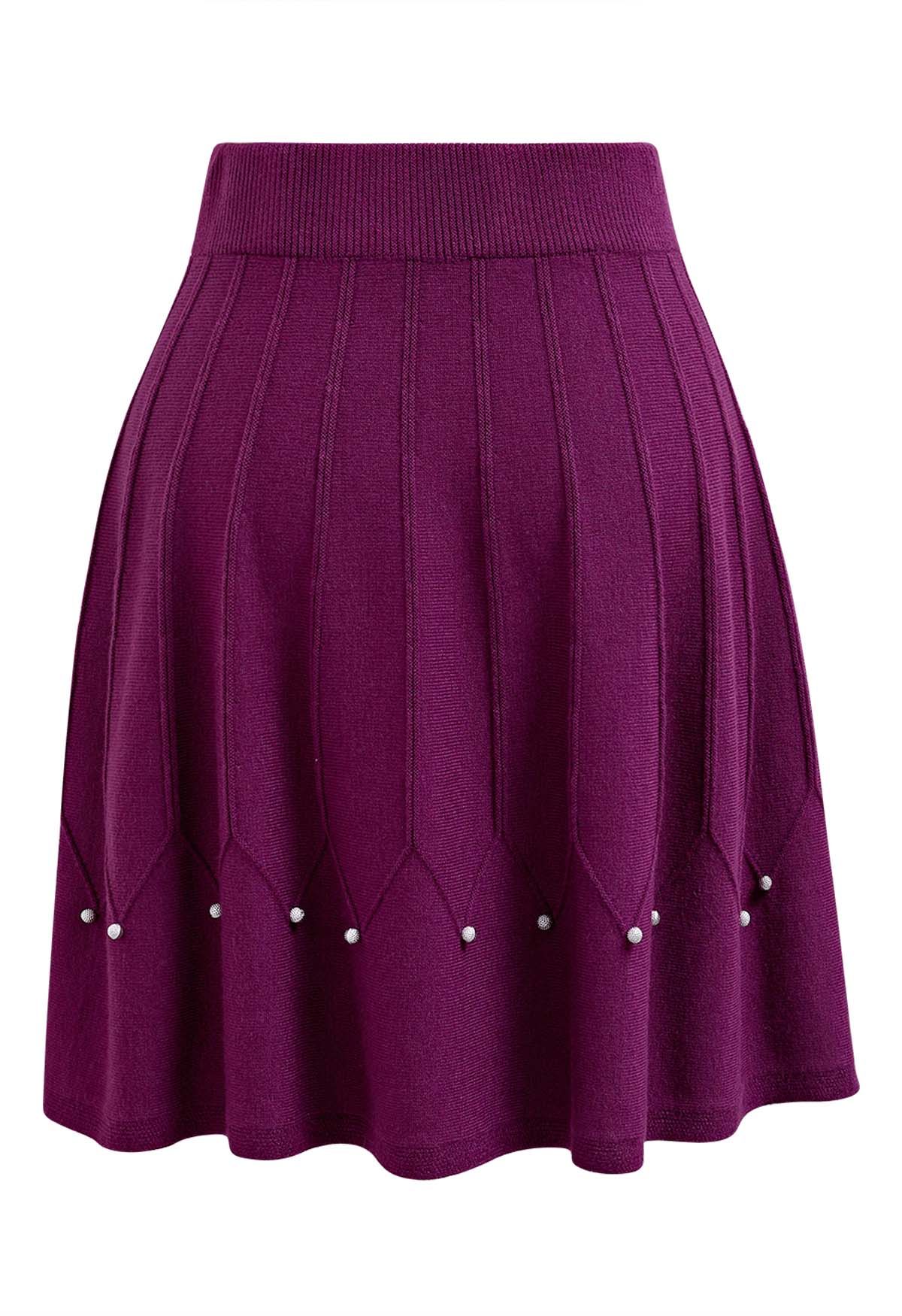 Silver Bead Embellished Seam Knit Skirt in Purple