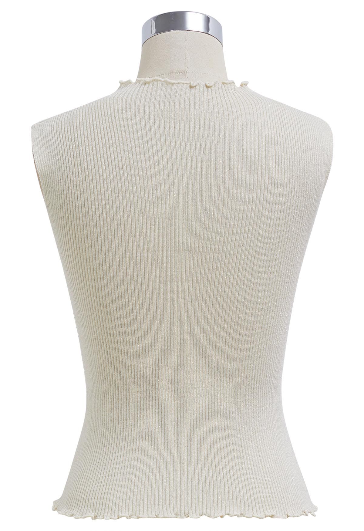 Glittery Lettuce Edge Sleeveless Knit Top in Cream