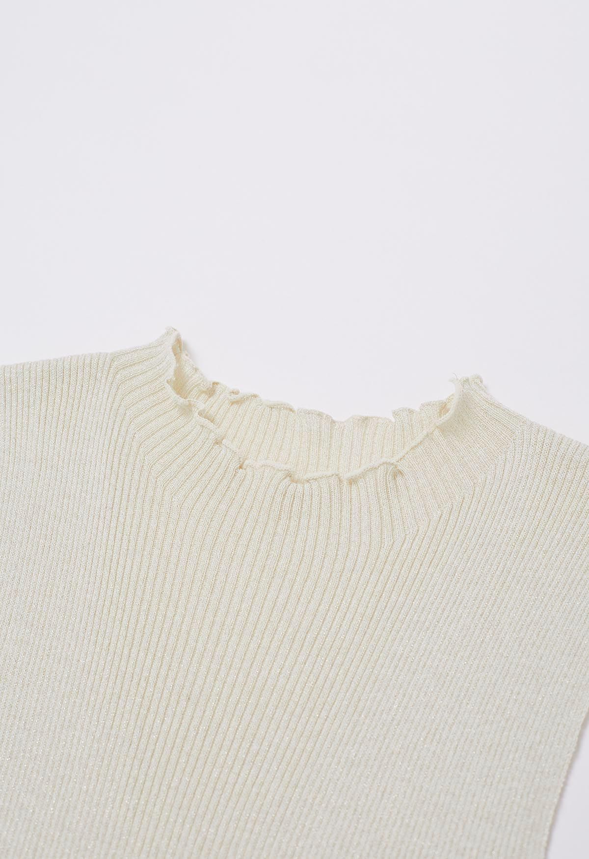 Glittery Lettuce Edge Sleeveless Knit Top in Cream