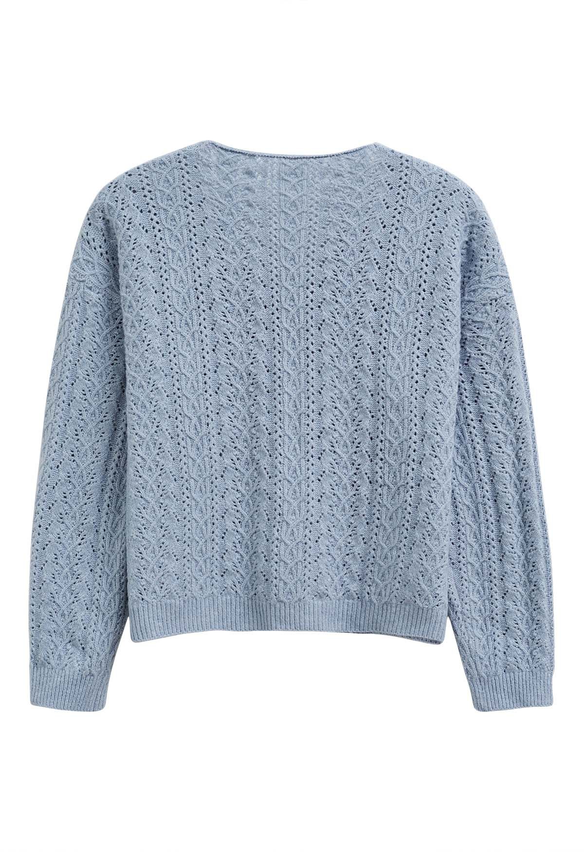 V-Neck Pointelle Knit Sweater in Dusty Blue