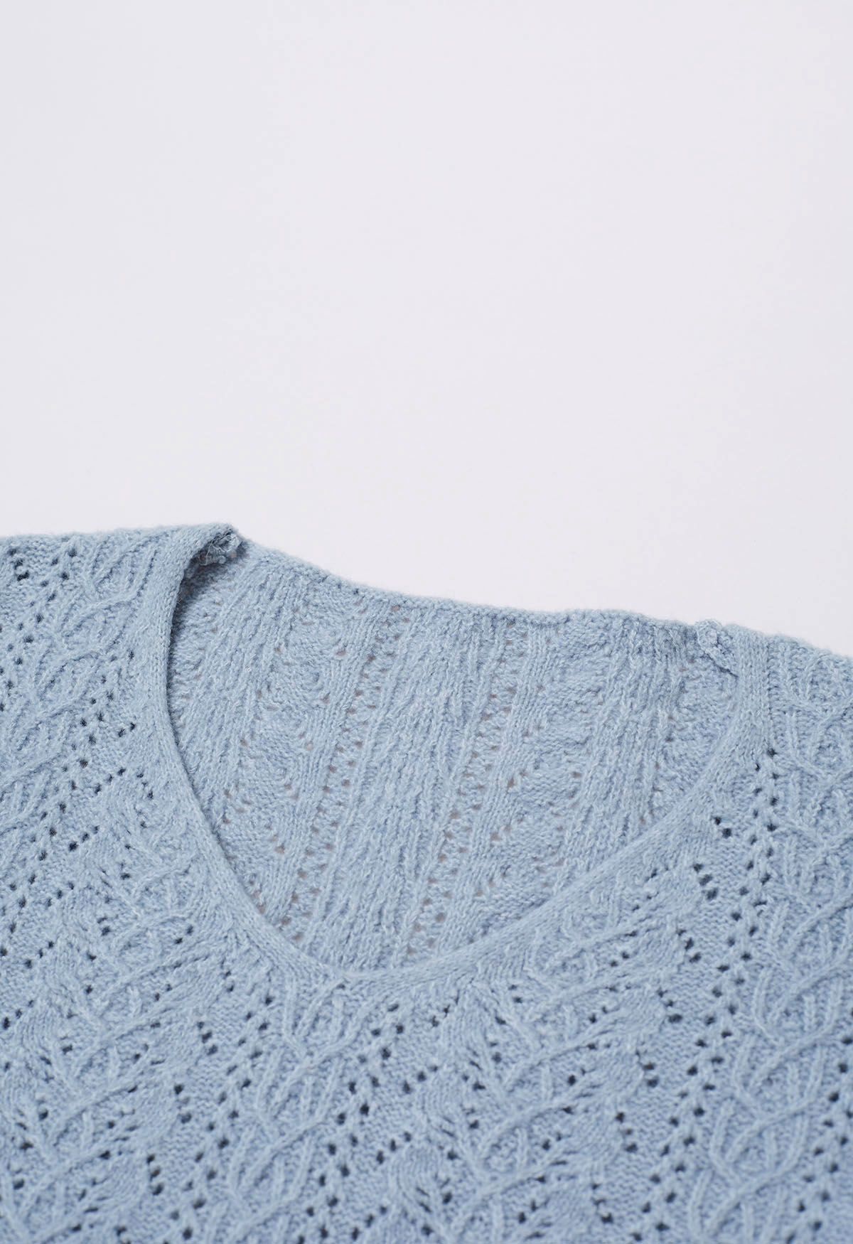 V-Neck Pointelle Knit Sweater in Dusty Blue