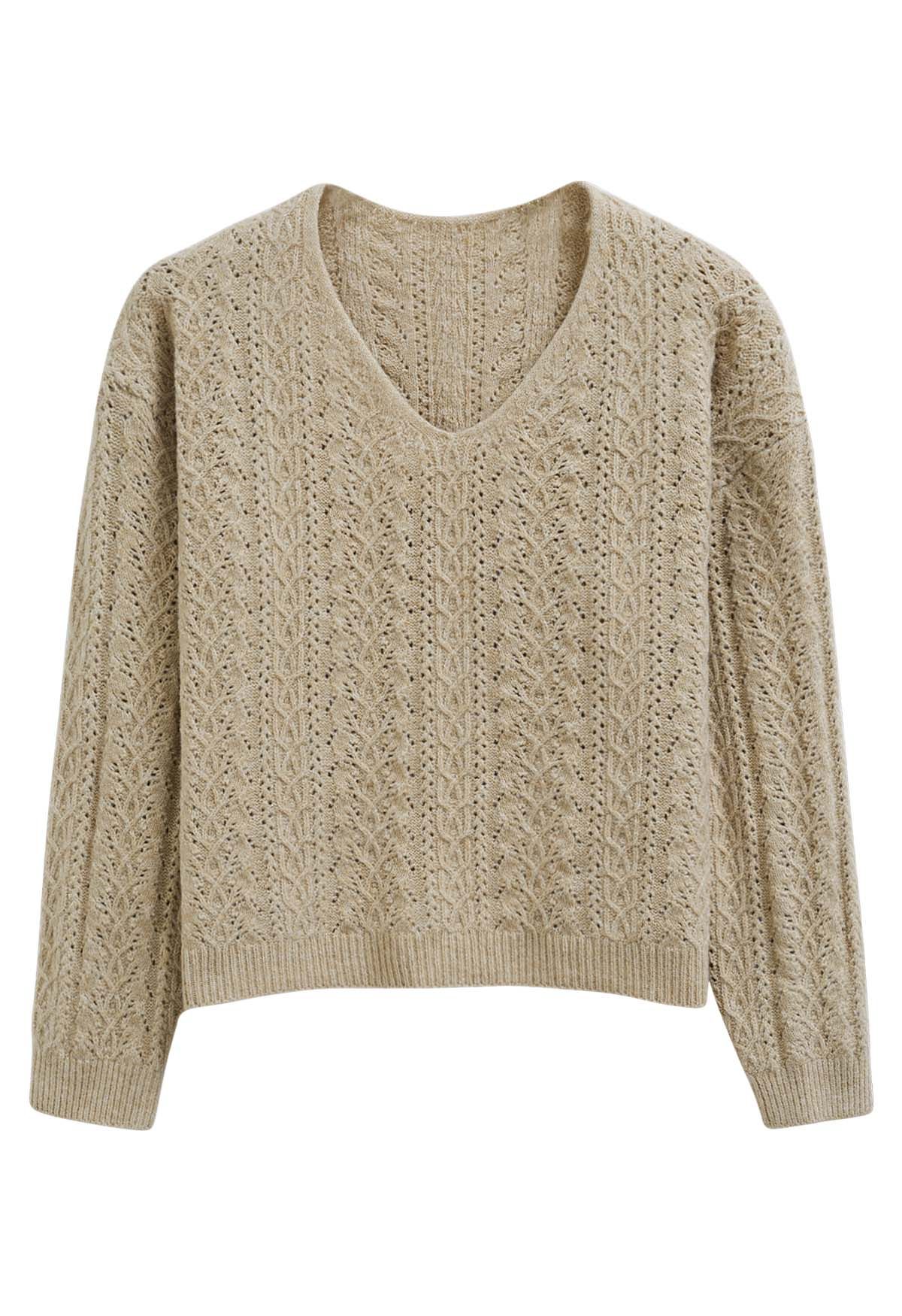 V-Neck Pointelle Knit Sweater in Light Tan