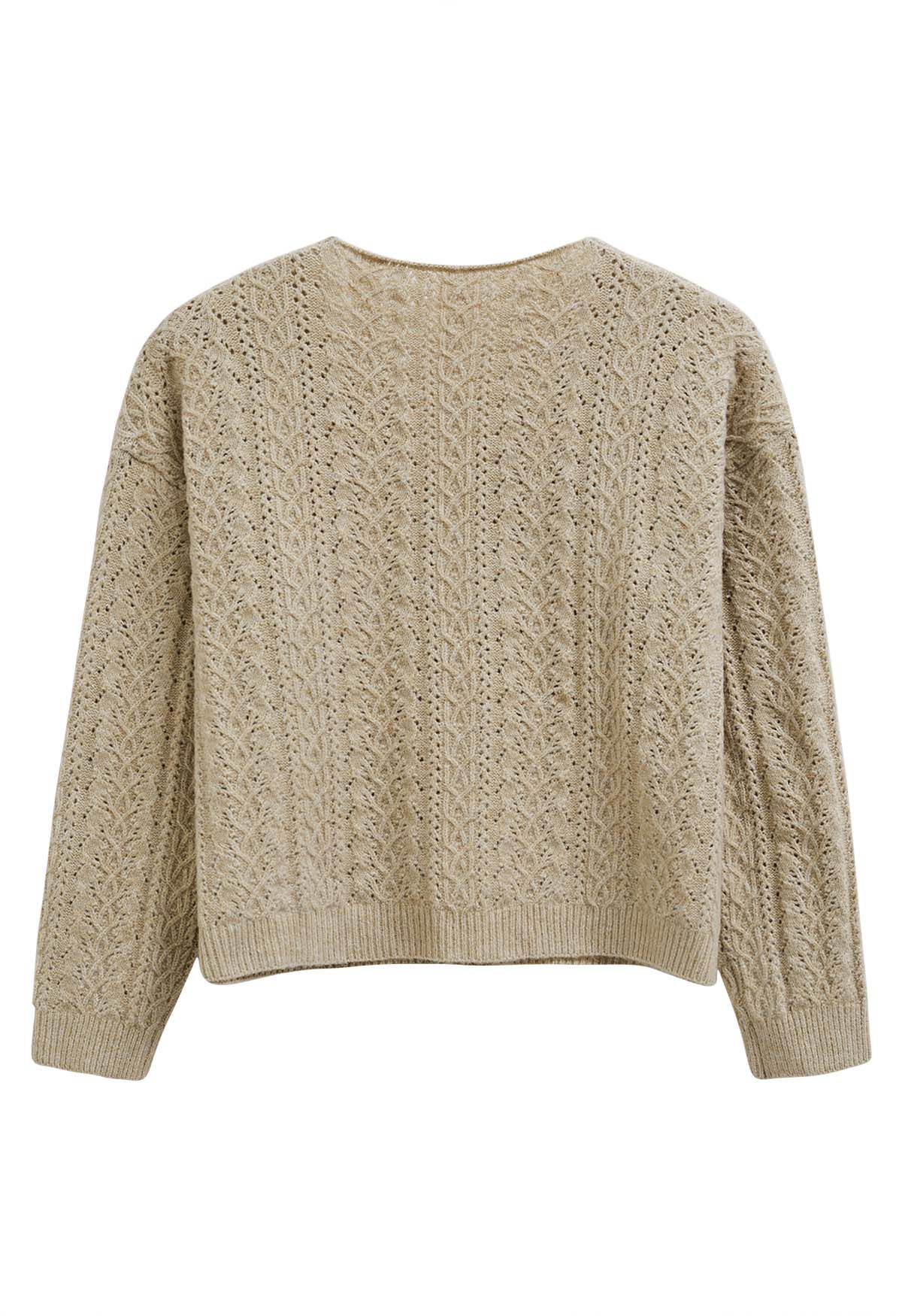 V-Neck Pointelle Knit Sweater in Light Tan