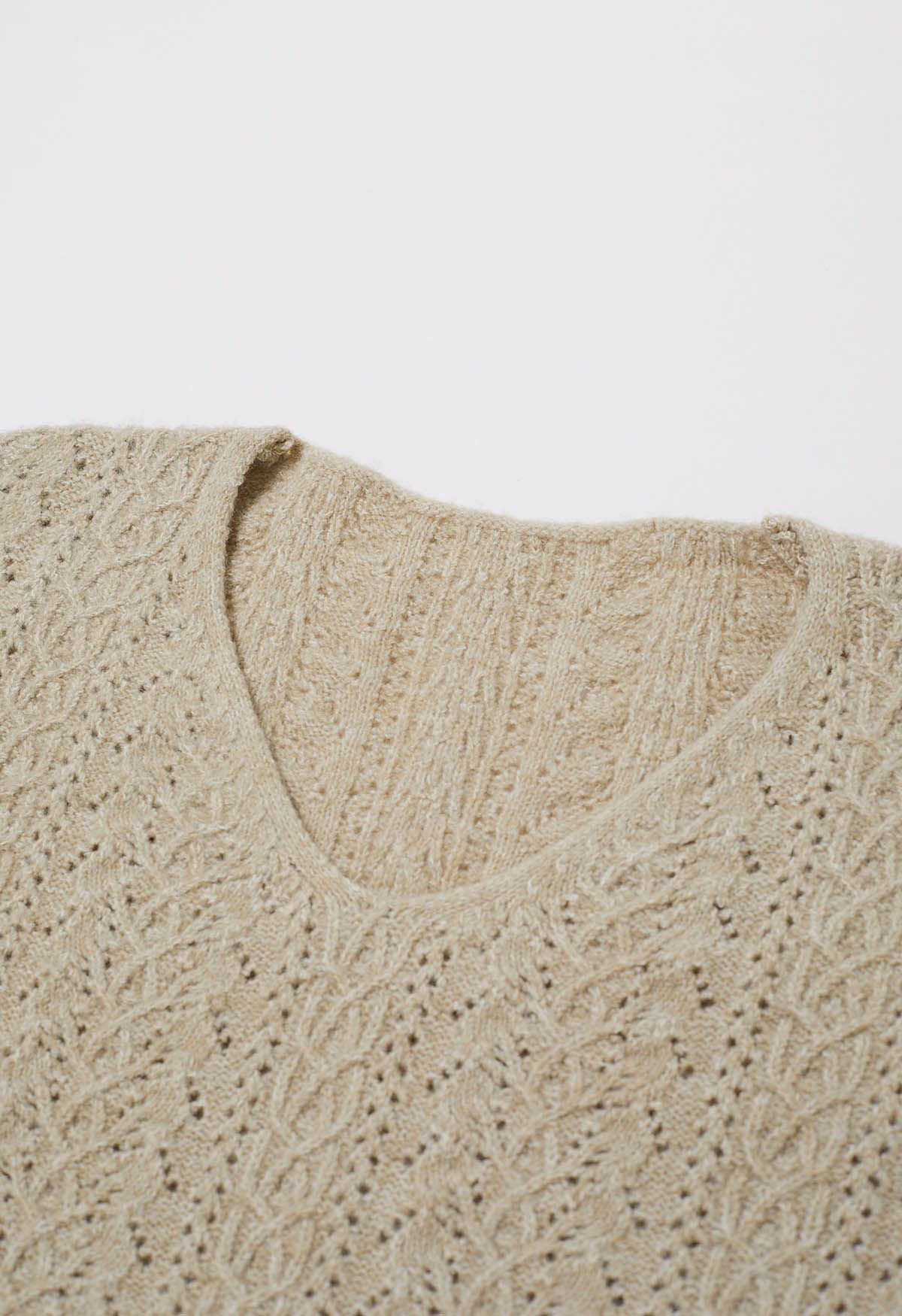 V-Neck Pointelle Knit Sweater in Light Tan