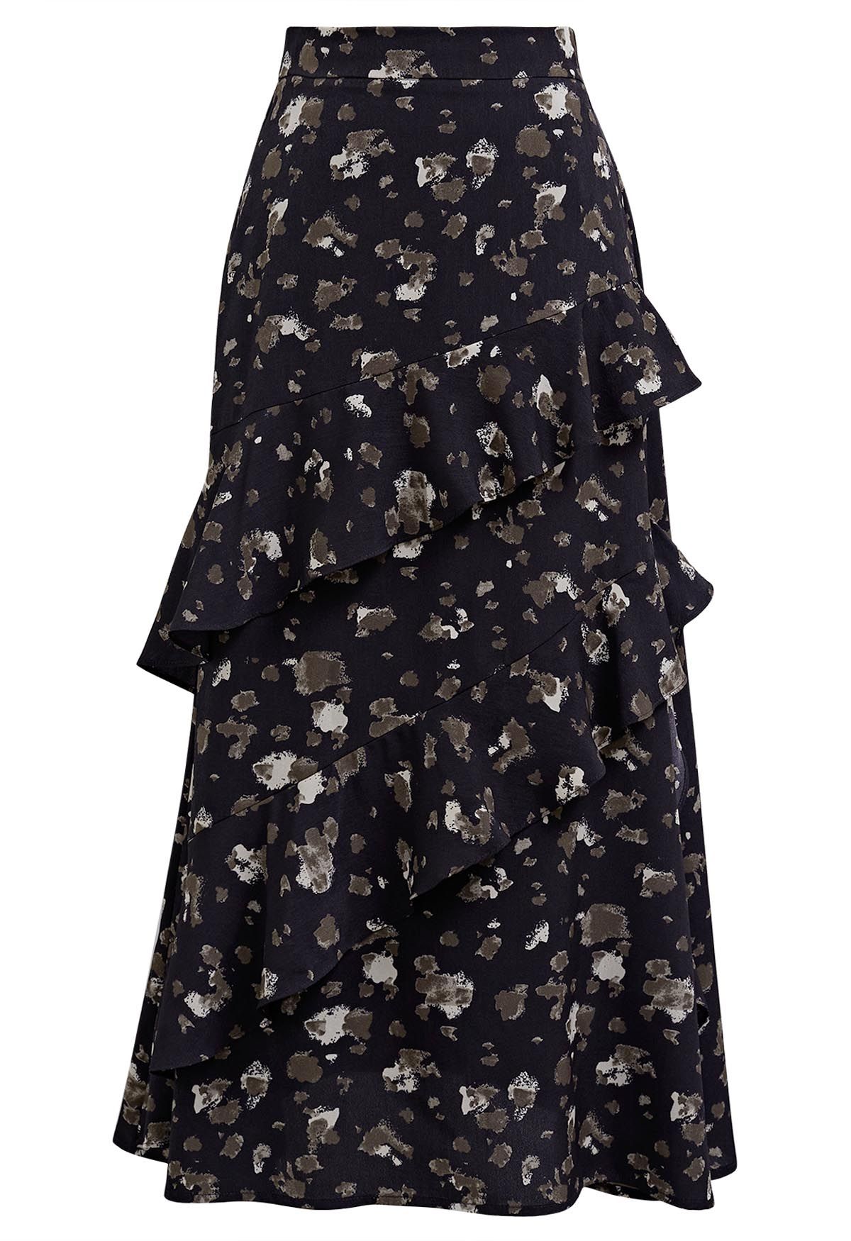 Inky Spots Printed Ruffle Chiffon Skirt in Black