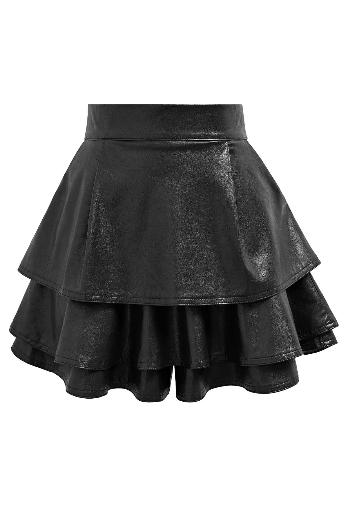 Faux Leather Tiered Ruffle Skorts in Black