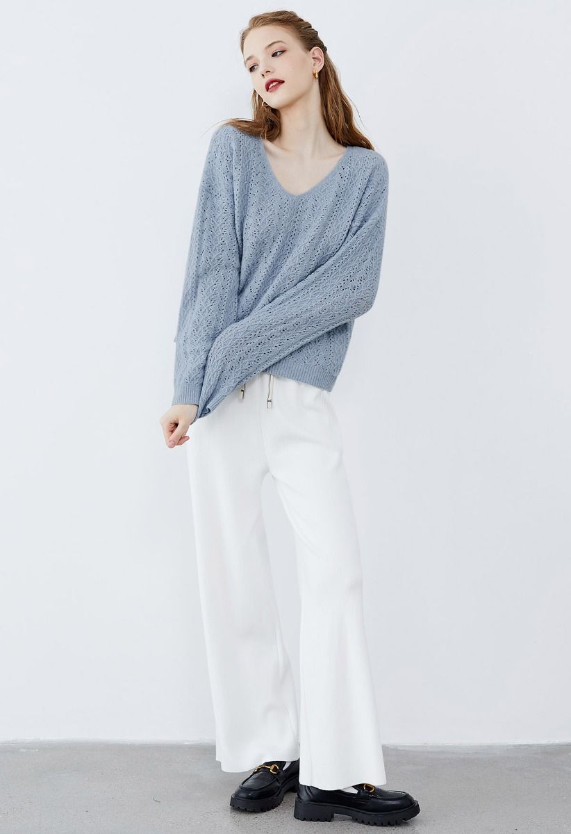 V-Neck Pointelle Knit Sweater in Dusty Blue