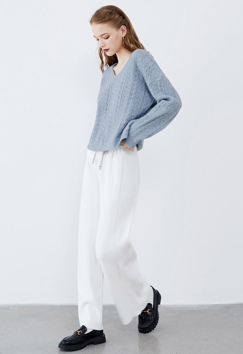 V-Neck Pointelle Knit Sweater in Dusty Blue