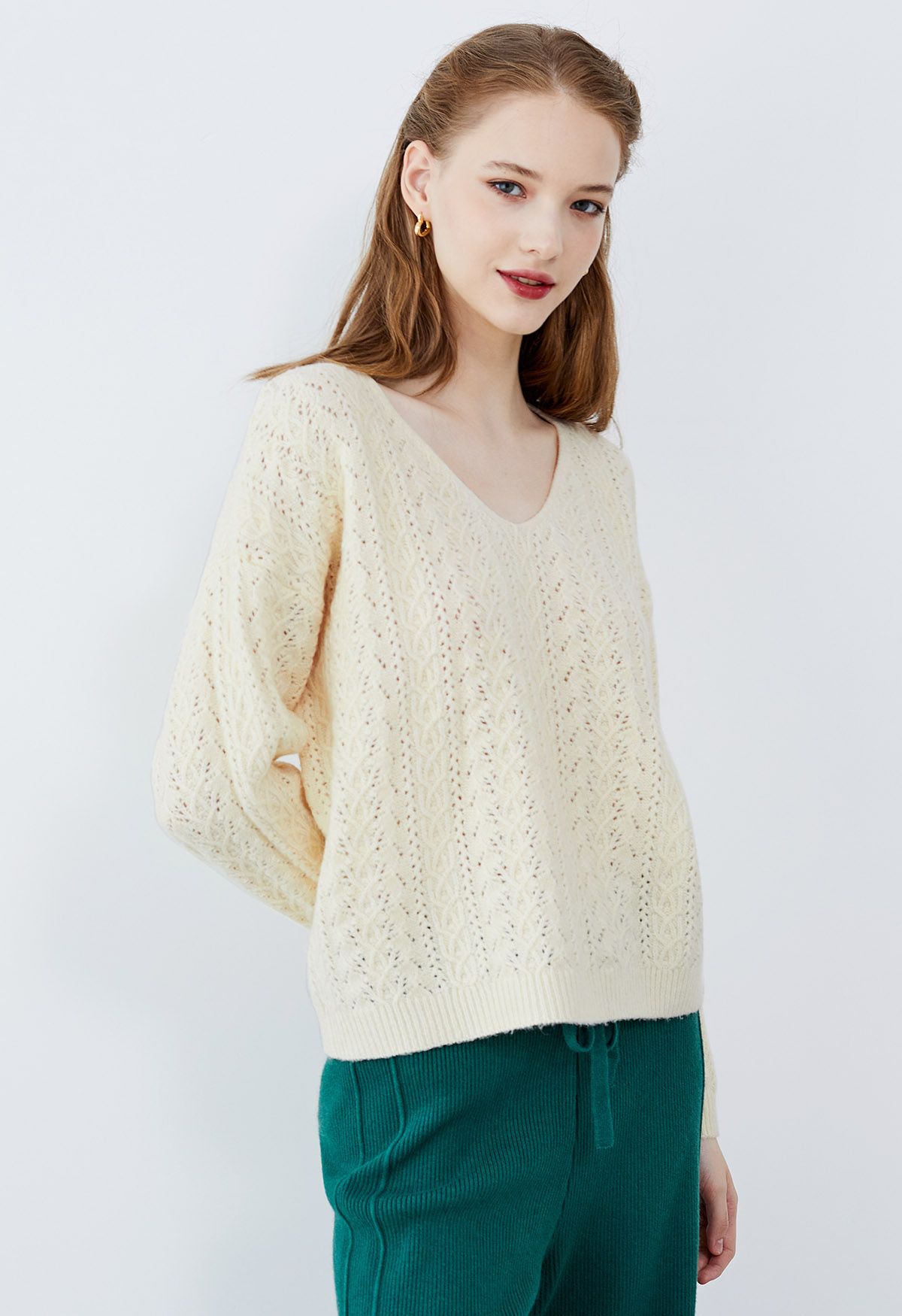 V-Neck Pointelle Knit Sweater in Cream