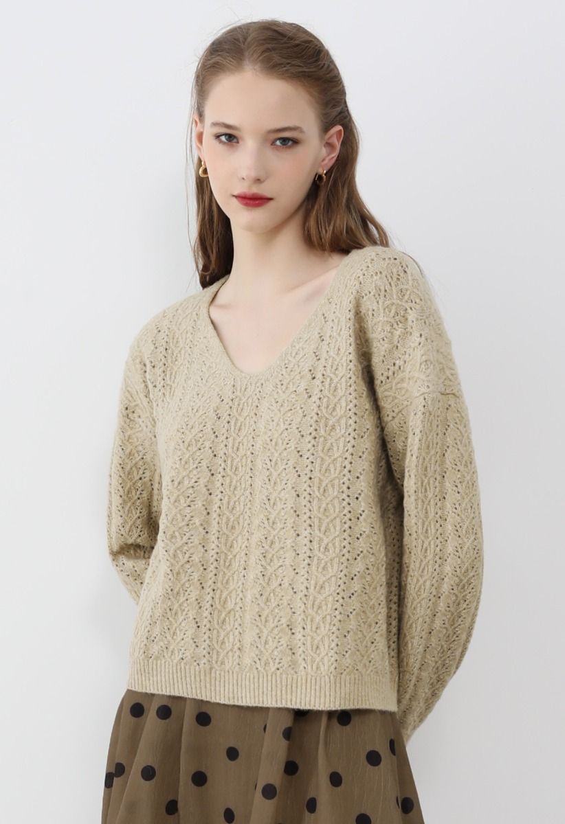 V-Neck Pointelle Knit Sweater in Light Tan