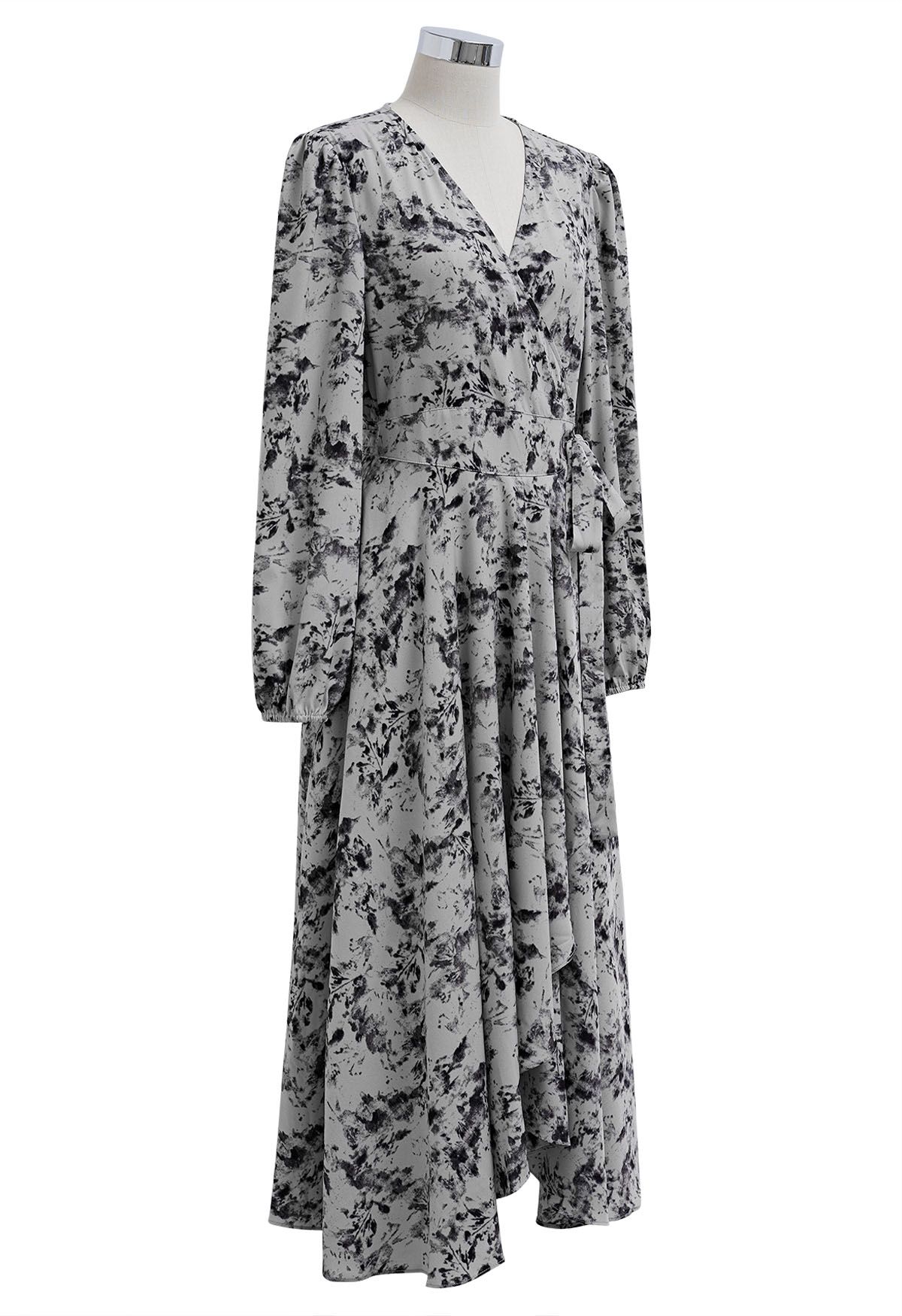 Watercolor Printed Wrap Chiffon Dress in Grey